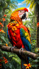 A beautiful macaw parrot sits on a tree branch in the jungle.
