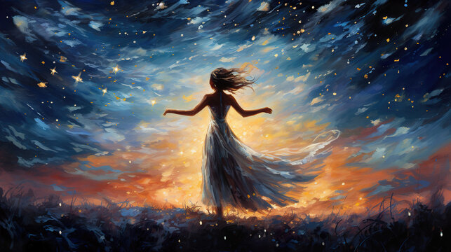an oil painting impressionist styled artwork of a woman with a dress at night, sky full of stars