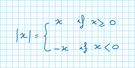 Absolute value equations of real number. Formula, domain, range and graph of absolute value. Mathematics resources for teachers and students. Scientific doodle handwriting concept.