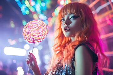 Rave girl with a lollipop on a rave party at night looking at the camera.
fun rave girl. woman partying