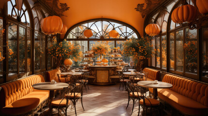 Fototapeta na wymiar a cozy coffee with orange autumn decorations