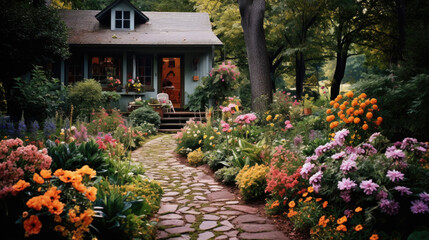 Fototapeta na wymiar A paved path with flowers on the sides leading to a house