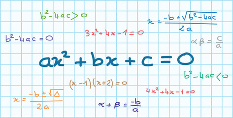 Quadratic equation formula. Scientific seamless pattern. Math formula equation doodle handwriting concept. Mathematics resources for teachers and students.