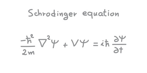 Schrödinger equation. Linear partial differential equation. Scientific resources for teachers and students. Physics doodle handwriting concept.