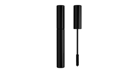 Glossy black bottle of mascara and brush isolated on transparent and white background. Cosmetic concept. 3D render