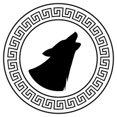 Circular design with howling wolf head sketch art for stamps, logo, tattoos, and printing