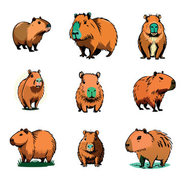 set of capybaras vector