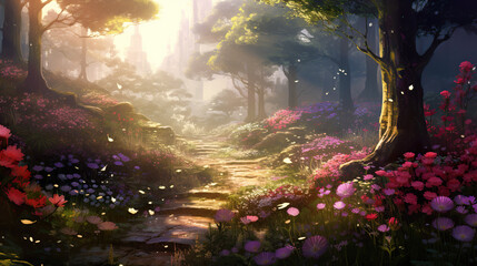 a beautiful peaceful path into a big garden full of flowers, anime artstyle