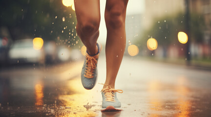 lady&rsquo;s running legs with running shoes in rain
