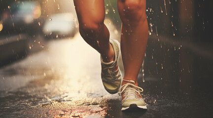 lady’s running legs with running shoes in rain - obrazy, fototapety, plakaty