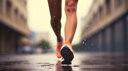 lady’s running legs with running shoes in rain