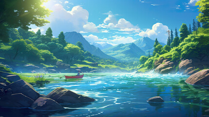 beautiful anime scenery illustration of a river flowing, manga wallpaper