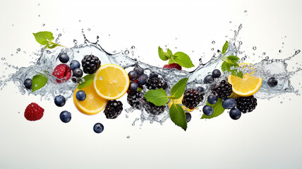 mix fruit dropped into the water isolated on white background. - obrazy, fototapety, plakaty