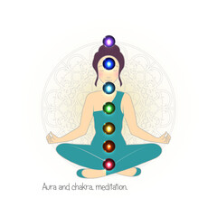 Vector illustration concept Aura and chakras., meditation.