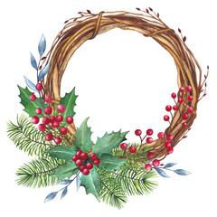 A wreath of branches, red berries and spruce branches. Round frame for the design of postcards, invitations, decor, stickers, photos.
