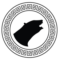 Circular design with howling wolf head sketch art for stamps, logo, tattoos, and printing