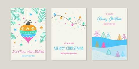 Different Christmas cards with tree, ball and lights. Vector illustration