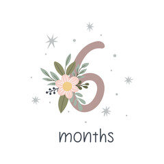 Naklejka premium Vector illustration with number, baby birthday card with flowers