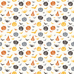 Fototapeta premium Funny Halloween texture with pumpkins, bats and spiders. Seamless pattern. Vector