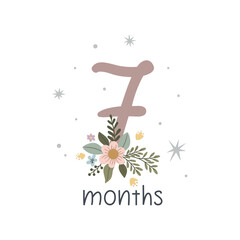 Vector illustration with number, baby birthday card with flowers