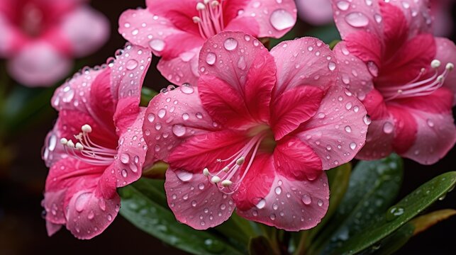 Close up of pink flowers ( Adenium ,Desert roses, Mock Azalea, Adenium multiflorum, Impala Lily) are blooming with water drops in the garden.