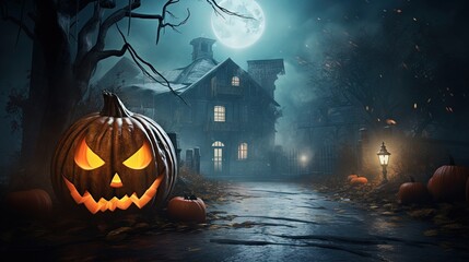 Digital art of Halloween spooky background, scary lantern pumpkin face. Scary creepy house in october dark night autumn gloomy creepy town with fog. Halloween outdoor backdrop concept. Illustration 3D