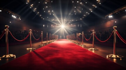 Red carpet rolling out in front of glamorous movie premiere. - obrazy, fototapety, plakaty