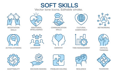 Soft skills flat icons, such as leadership, teamwork, problem solving, time management and more. Editable stroke. - obrazy, fototapety, plakaty