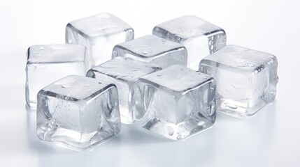 Natural crystal clear melting ice cubes on white reflective surface background.