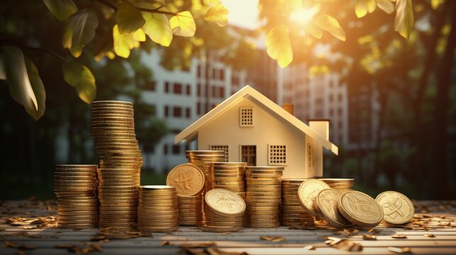 Mortgage rates business concept of investment housing real estate interest rates 3d home appraisal. planning savings money of coins to buy a home concept for property ladder, mortgage, real estate.