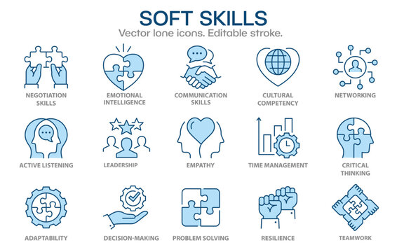 Soft skills flat icons, such as leadership, teamwork, problem solving, time management and more. Editable stroke.