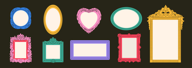 Set of colorful abstract frames or mirrors in retro style. Different shapes vintage photo picture frame border design. Modern flat vector illustration isolated on dark background