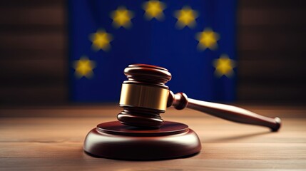 Judges wooden gavel with EU flag in the background. Symbol for jurisdiction. Wooden gavel on european union flag - obrazy, fototapety, plakaty