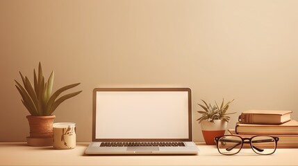 Banner with laptop, eyeglasses and stationery on a beige background. E-learning concept.