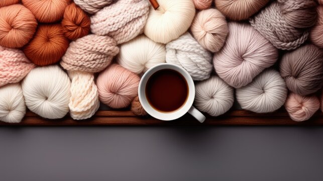 Craft knitting hobby background with yarn in natural colors. Recomforting hobby to reduce stress for cold fall and winter weather. Mock up, copy space, top view
