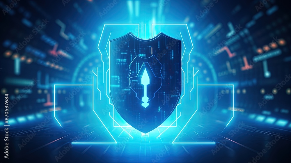 Poster Internet technology cyber security concept of protect computer virus attack with shield Keyhole icon on Blue abstract background.
