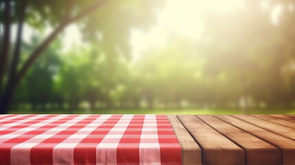 Red checkered picnic cloth on wooden table empty space blurred nature background.
