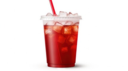 Cola in red blank takeaway cup with straw and ice cubes packaging template mockup collection isolated on white background