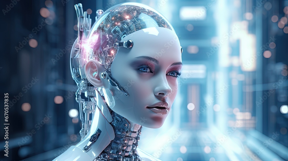 Poster Digital metaverse smart world technology concept, 3D humanoid robot in abstract futuristic cyber space, AI artificial intelligence robot for future life.