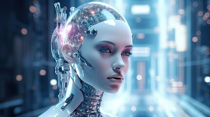 Digital metaverse smart world technology concept, 3D humanoid robot in abstract futuristic cyber space, AI artificial intelligence robot for future life.
