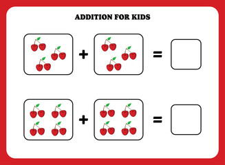 Addition page for kids. Educational math game for children with cherry. Printable worksheet design. Learning mathematic.