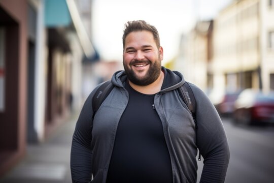 Retrato de chico adulto sonriente con sobrepeso preparado para hacer deporte. 