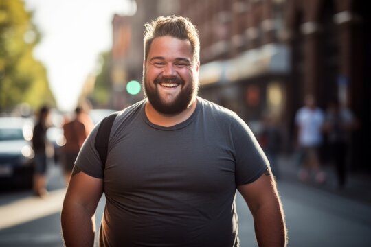 Retrato de chico adulto sonriente con sobrepeso preparado para hacer deporte. 
