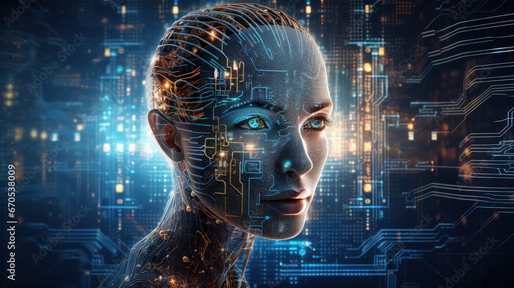Poster artificial intelligence - human head with circuit board inside. technology and engineering concept