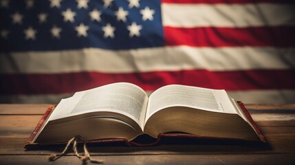 Book open on USA flag background, closeup view. United States of America education, culture, religion concept