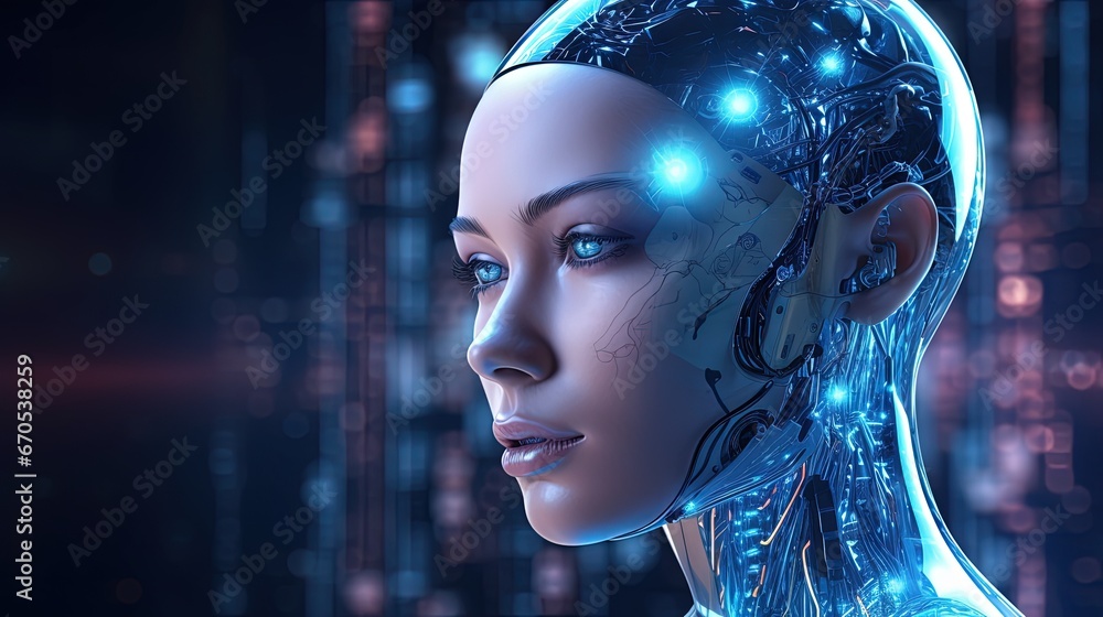 Poster Digital metaverse smart world technology concept, 3D humanoid robot in abstract futuristic cyber space, AI artificial intelligence robot for future life.