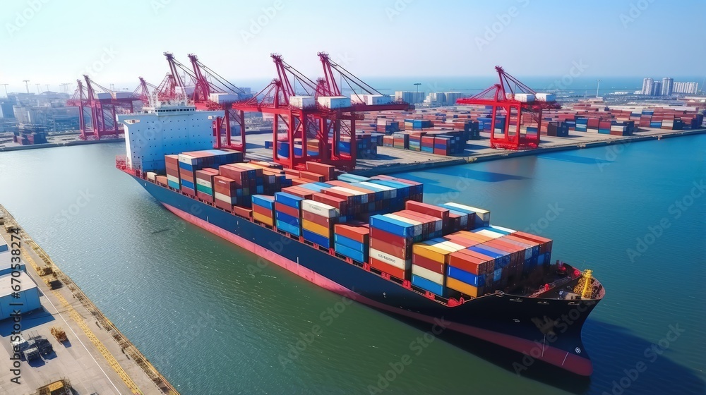Poster container ship loading and unloading in sea port, aerial view of business logistic import and export