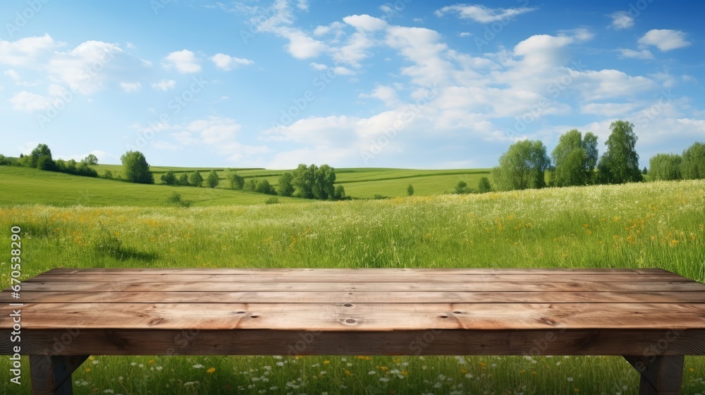 Poster Background with empty wooden table over beautiful meadow