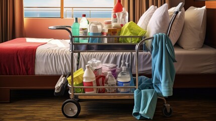 A hotel room service cart with cleaning tools and detergents, a mop, a feather duster, and washing chemical liquids in bottles
