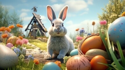 Happy easter day, rabbit delivery, cute bunny with colorful egg, 3d rendering